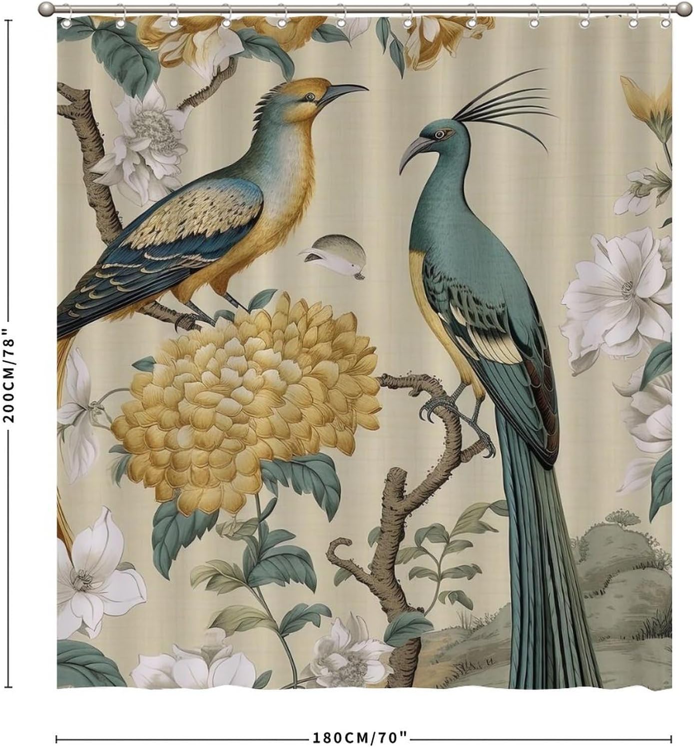 Shower Curtain Yellow Flower Peony Peacock Polyester Bathroom Bathtub Curtain Yellow Grey Chinoiserie Bird Bath Curtain Asian Scenic Waterproof Shower Curtain with Hooks 72x80inch
