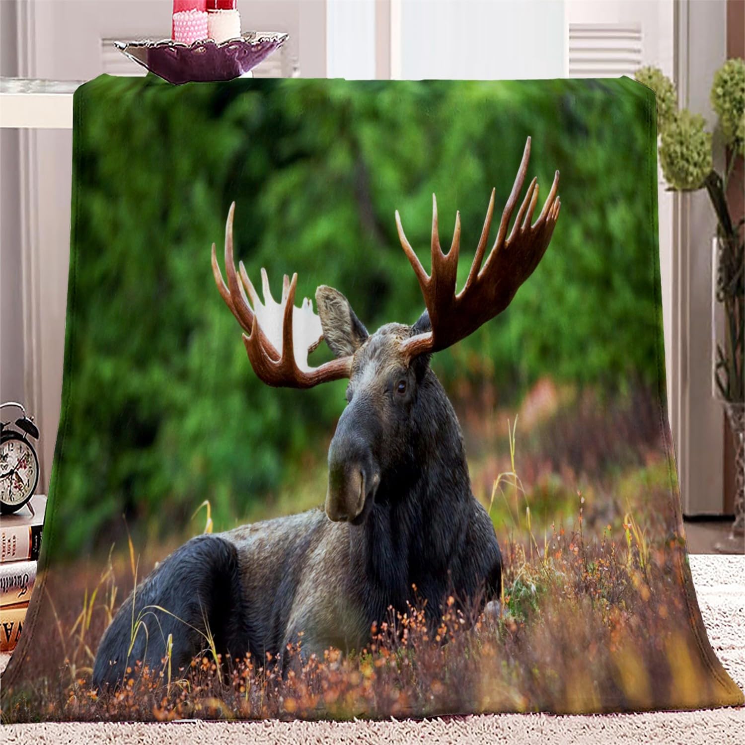 Throw Blanket Animal Moose Soft Fluffy Flannel Fleece Blanket, Warm Microfiber Plush Couch Sofa Throw, Cozy Single Bed Blankets for Kids 80 x 150cm