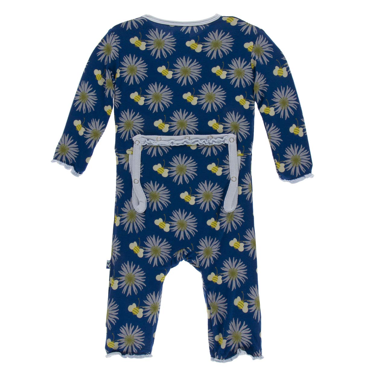 KicKee Pants Little Girls Print Muffin Ruffle Coverall with Snaps - Navy Cornflower and Bee, 9-12 Months