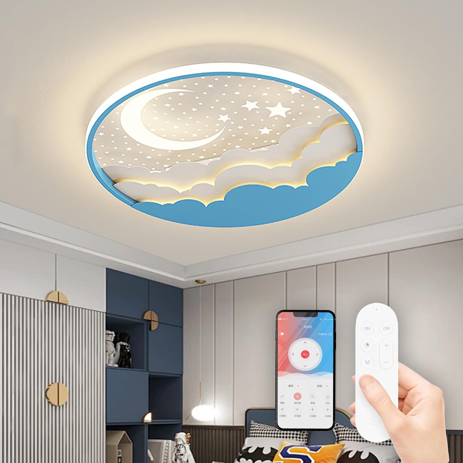 RRBEST Lampada da soffitto a LED per bambini, Lampada da soffitto a stella e luna, Plafoniera Led Soffitto Dimmerabile, Cartoon da creativa Camera da letto della ragazzi ragazze, 50CM