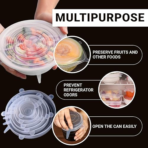 Miniatura 7 de Paquete de 4 tapas elásticas de silicona reutilizables de 9.8 pulgadas, fundas de silicona para almacenamiento de alimentos, tapas elásticas