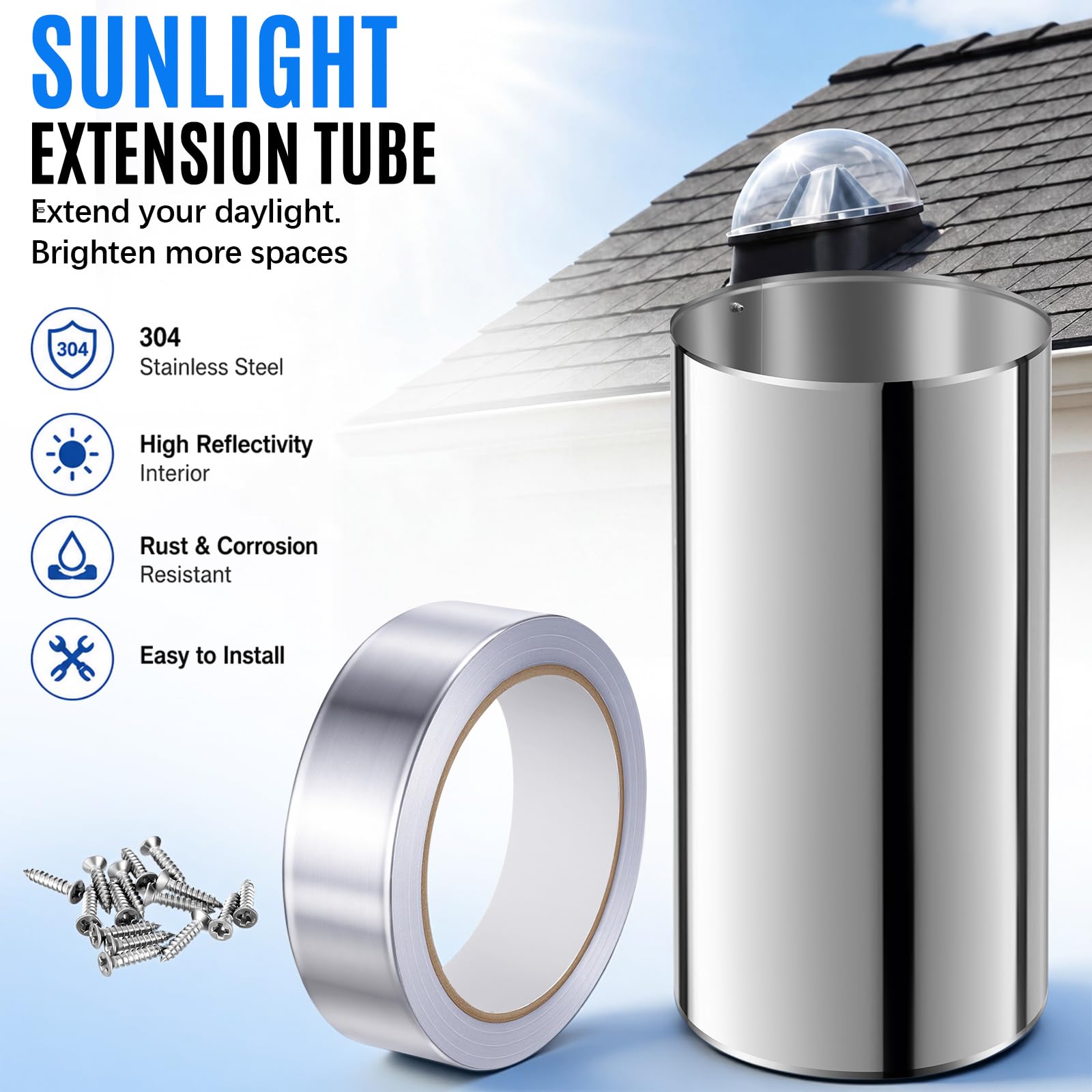 Tubo de extensión de tragaluz de 10 pulgadas de longitud, extensión de túnel de luz de aluminio altamente reflectante para sistema de luz diurna de tubo solar, acabado espejo, incluye cinta