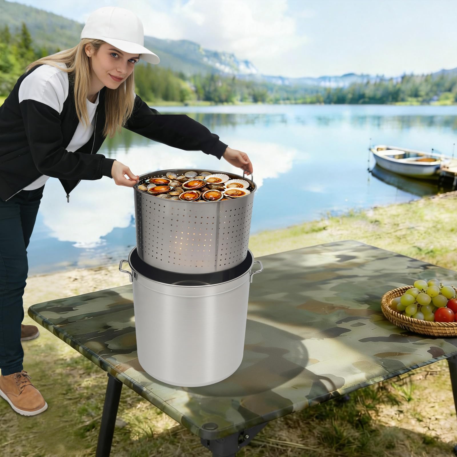 Pentola per zuppa in acciaio inox con coperchio e inserto a vapore, pentola a induzione da 50 l, in acciaio inox, per uso commerciale, grande cucina, campeggio