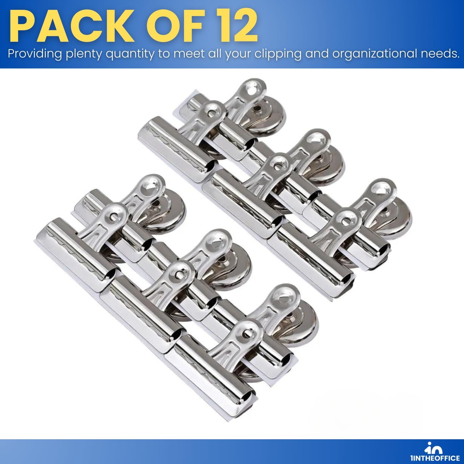1InTheOffice Magnetic Clips for Refrigerator, Heavy Duty Refrigerator Bulldog Magnet Grip Clips, No. 2, 2.3" Width, 12 Pack, Silver - Image 7
