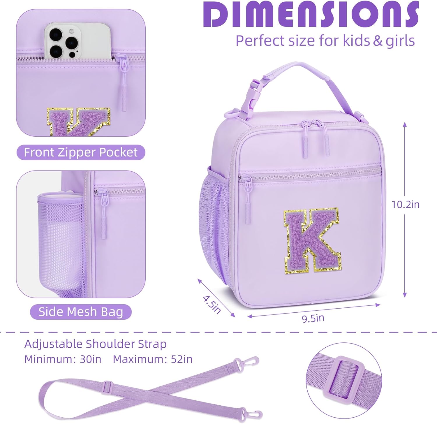 Initial Insulated Lunch Bag for Girls Kids, Back to School Gift, Reusable Leak-proof Lunch Box with Adjustable Strap for School Daycare Travel Picnic (Purple,K) - Image 3