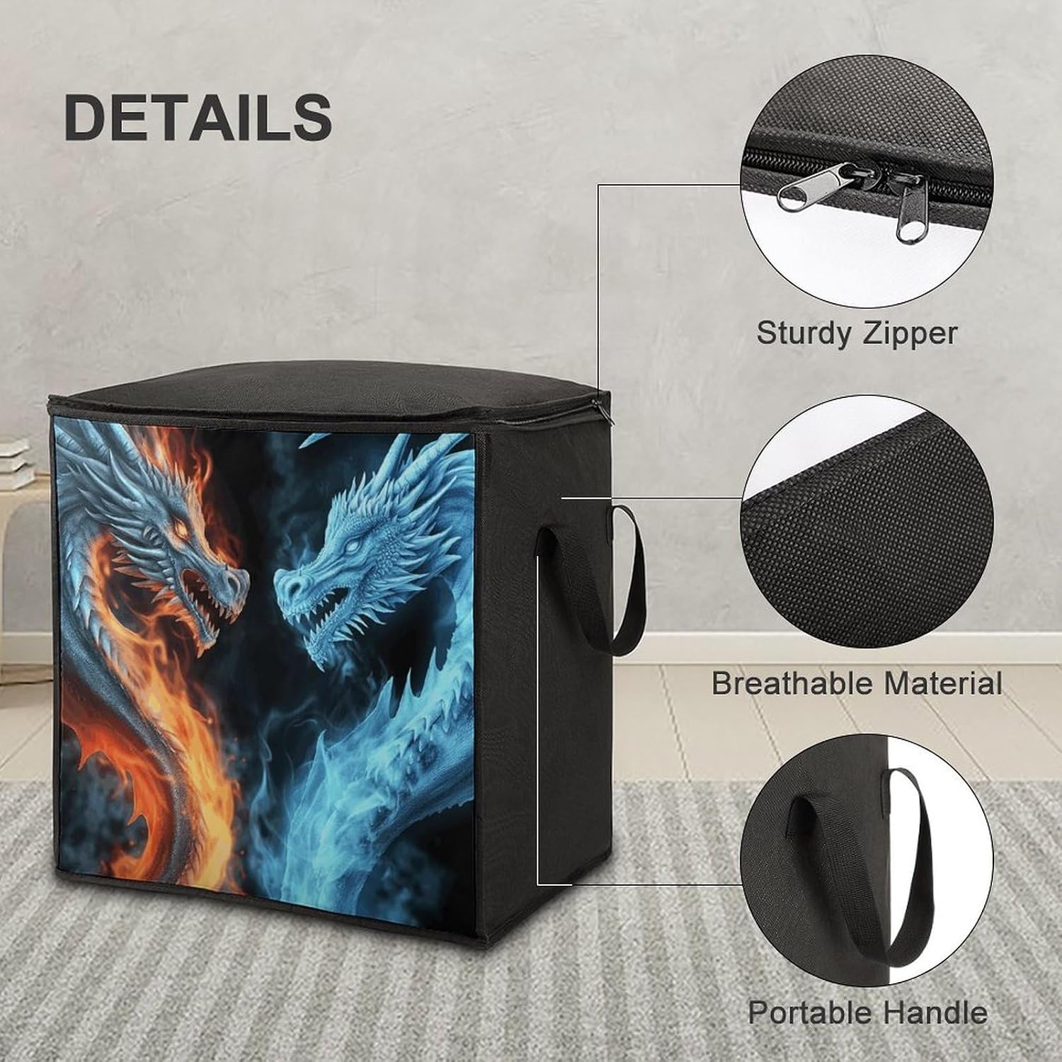 Ice And Fire Dragons Storage Bag with Zippers And Handle Extra Large Bedding Comforter Storage Bag Foldable Blanket Storage Bags Fabric Moving Bags for Closet Organizer (70L)
