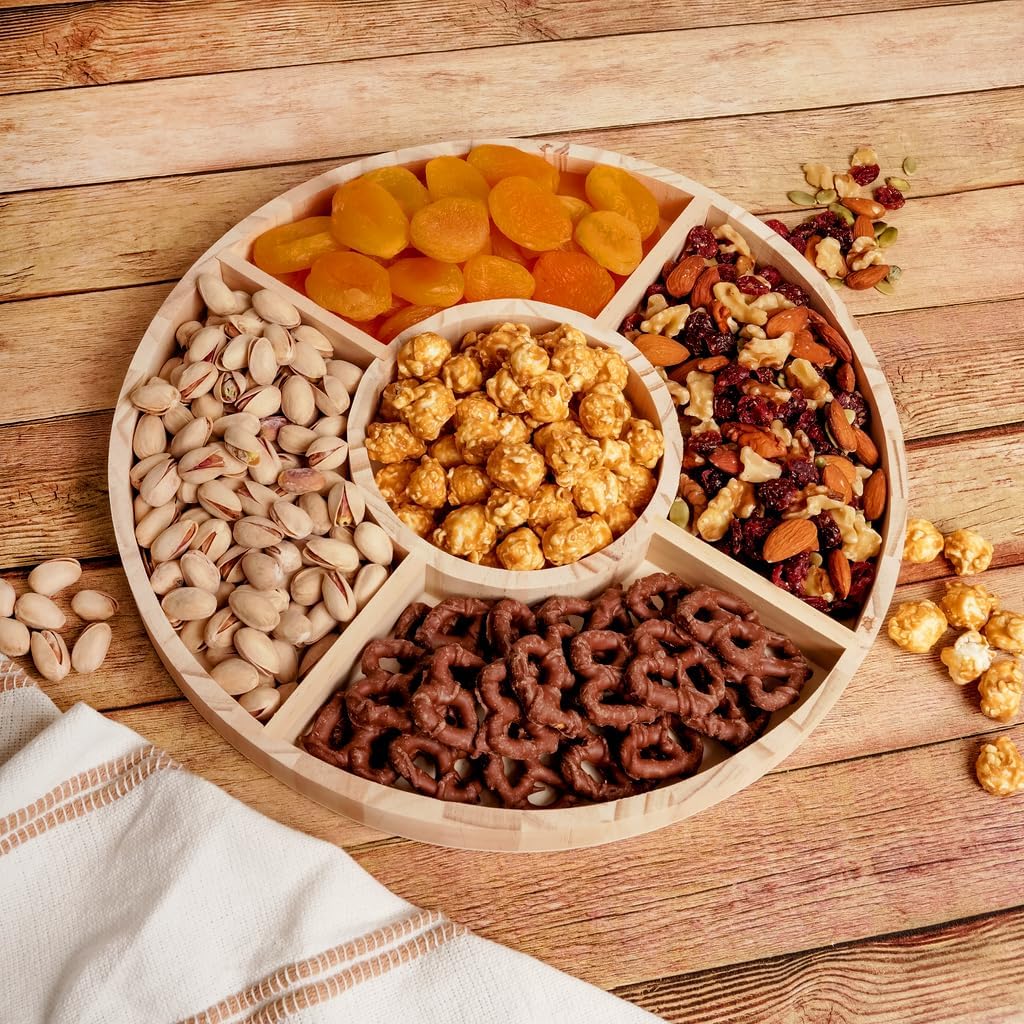 DIY Round Wooden Divided Serving Tray 10-inch, Pack of 1 5-Section Candy Tray for Vegetable & Fruit Party Platters, by Woodpeckers