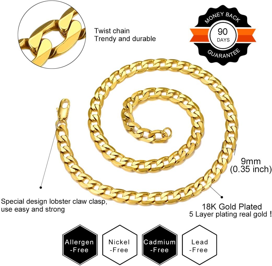 GOLDCHIC JEWELRY 9mm Flat Cuban Chain Necklace, 18K Gold Plated Miami Curb Chain Necklace