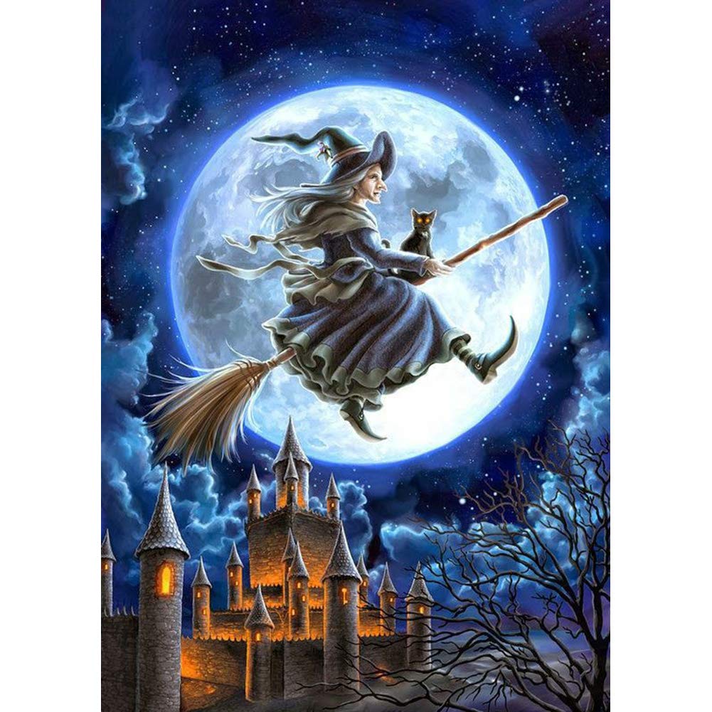 Own4b Green Diy 5D Diamond Painting By Numbers Kits, Witch And Cat Castle Moon Happy Halloween 30X40cm Canvas Full Drill Diamond Art Paint With Diamonds Crystal Cross Stitch (Witch And Castle)