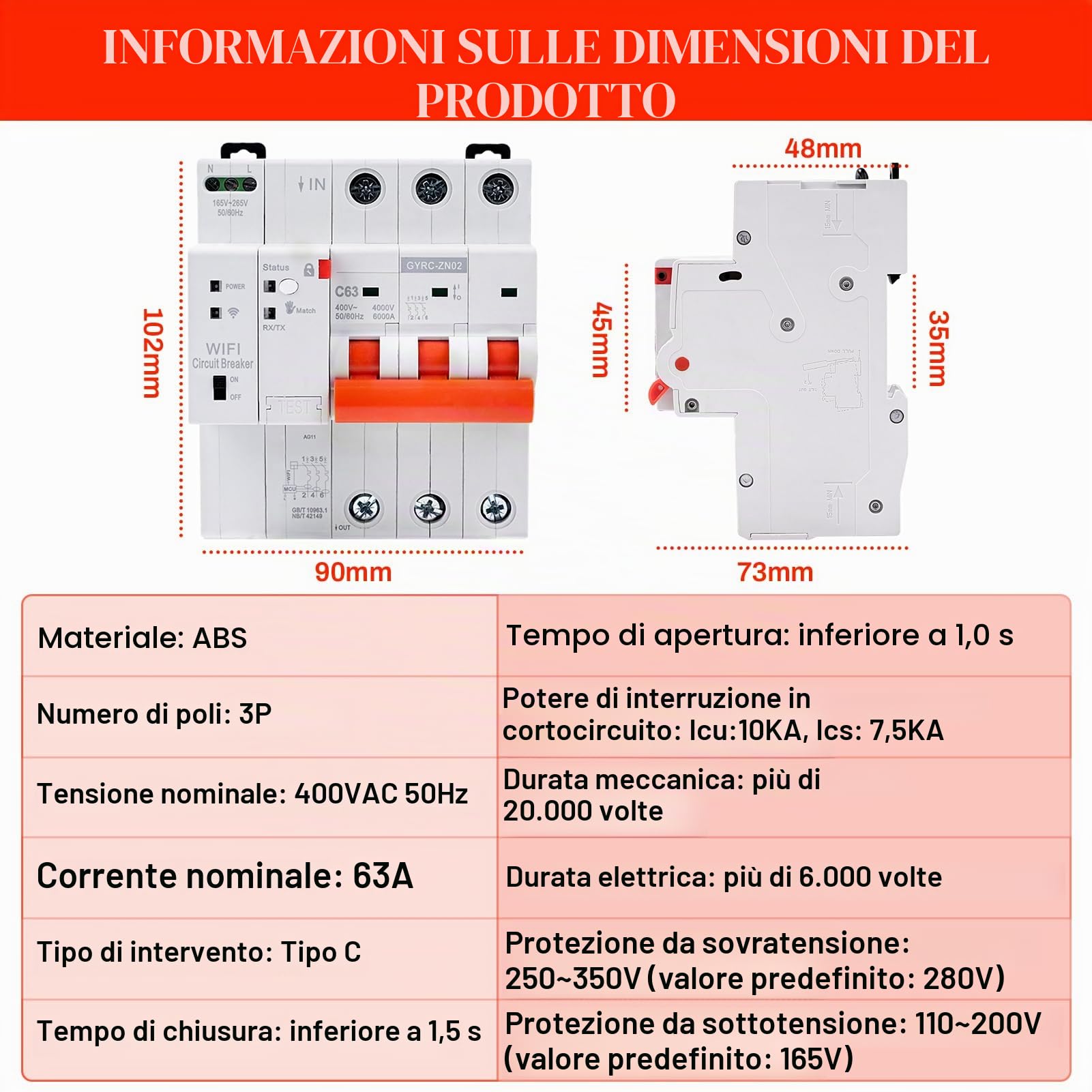 Jadeshay Interruttore Magnetotermico WiFi,3P 63A Salvavita con Riarmo Automatico WiFi Controllo Remoto Tramite APP Tuya sul Cellulare con Timer Protezione Sovratensione Sottotensione e Sovraccarico