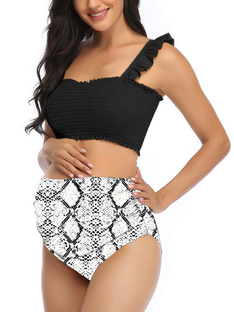 Maternity High Waist Bikini Swimsuit Two Piece Ruffled Hem Cute Floral Bathing Suit Black XL