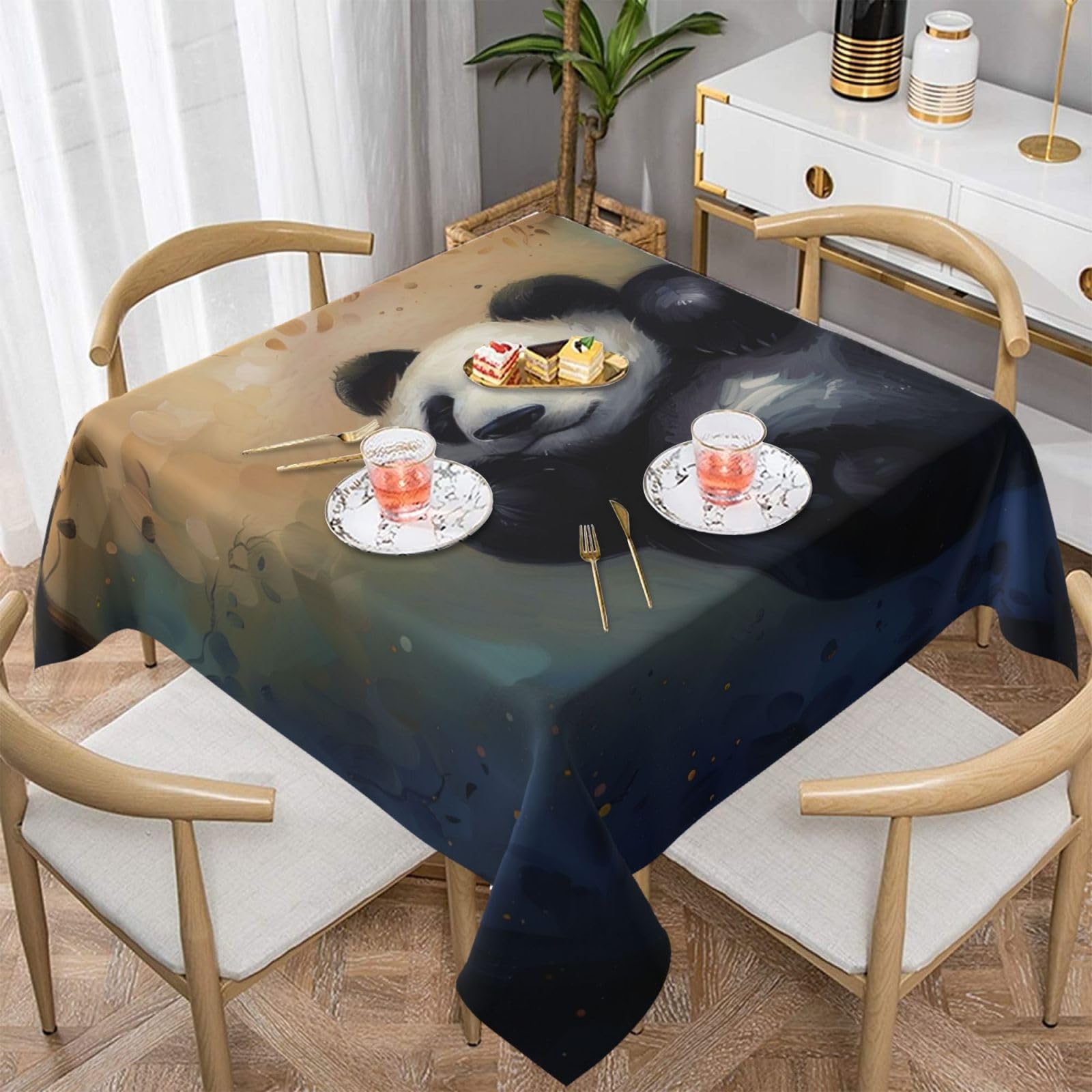 WPKJU Panda Printed Square Tablecloth 60x60 inch Water Resistant Table Cover Washable Rectangle Table Cloth for Dining Tables