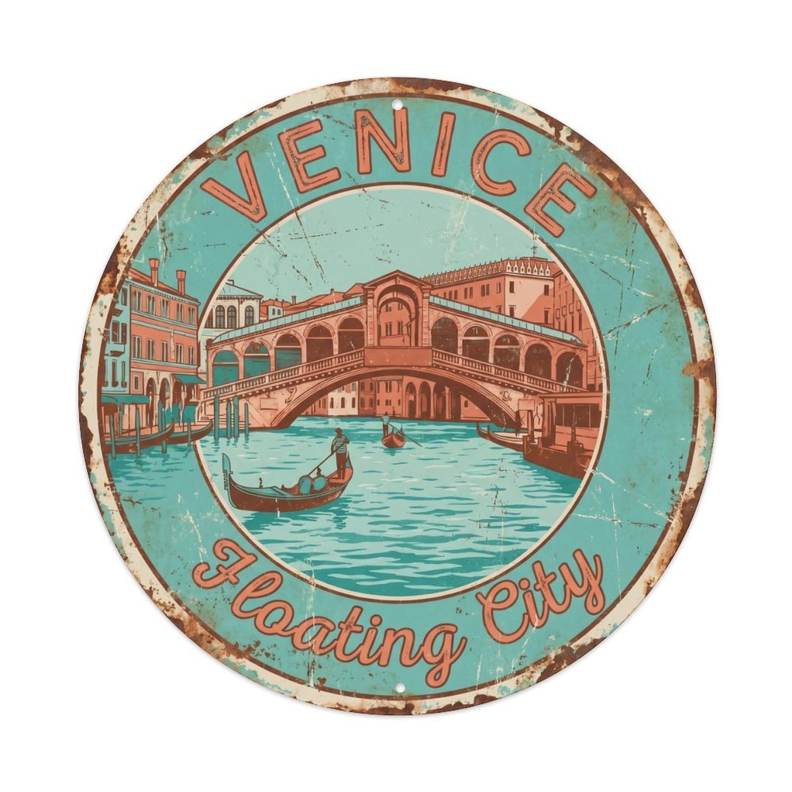Vintage Travel Gondola Canal Venice Metal Tin Sign Plaque Wall Decor for Cafe, Club, Garden Round Metal Poster 8x8Inch