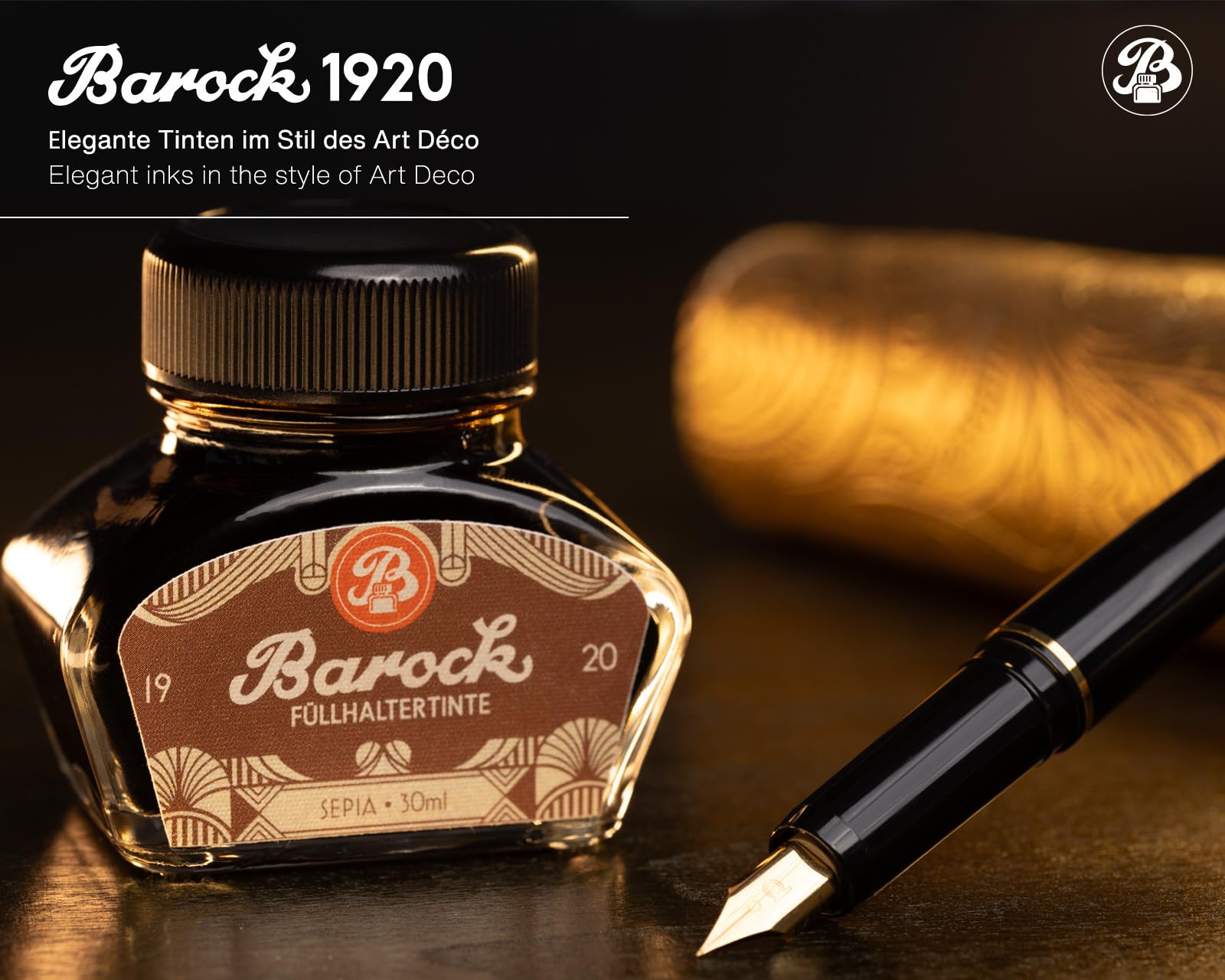 Barock 1920 Sepia, atrament do pióra wiecznego, szklany korek, Rollerball, atrament do pióra wiecznego w tłuczku, 30 ml, brązowy