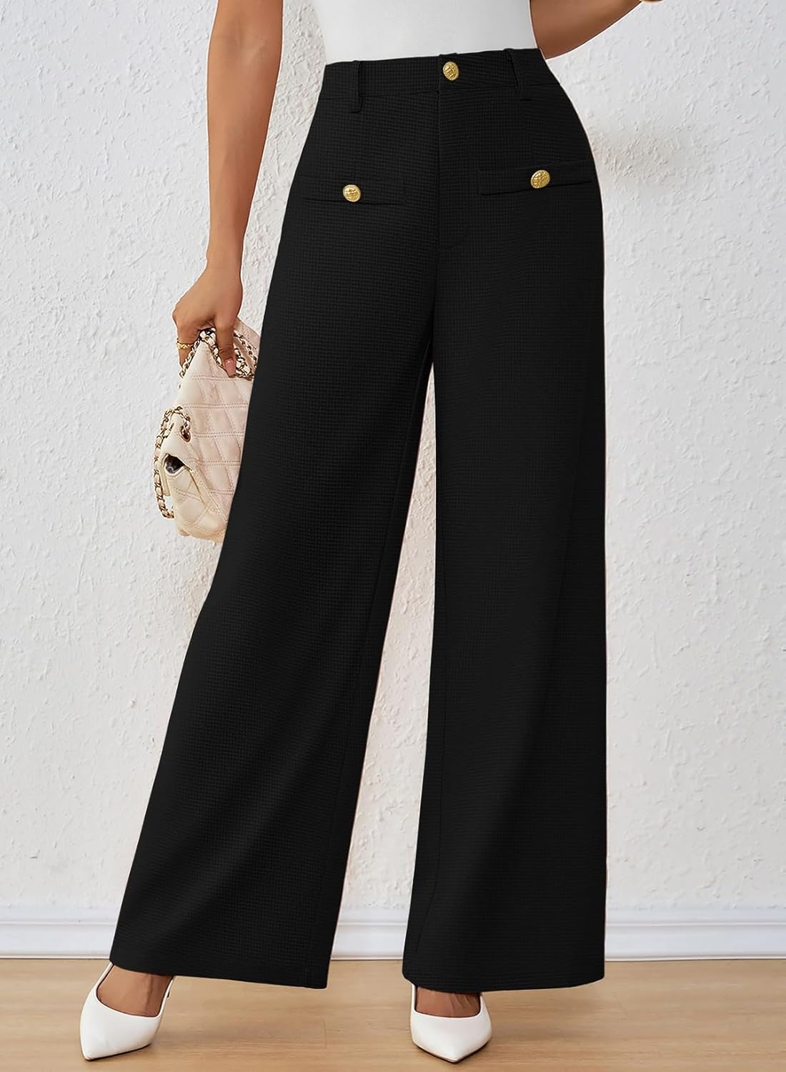 Pink Queen Wide Leg Dress Pants for Womens High Waist Pants for Work Button Decor Textured Long Trousers Slacks - Image 5