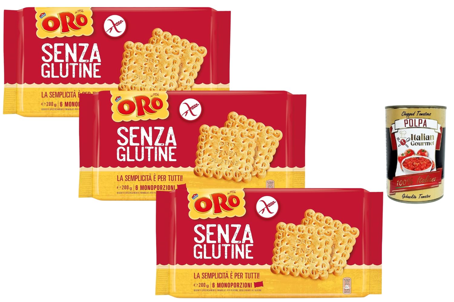 Italian Gourmet Bundle Glutenfreie Butterkekse 3x 200g + Italian Gourmet Polpa Gratis – Italienische Senza Glutine Kekse, 6 Einzelportionen pro Packung, Frühstückskekse & Kaffeegebäck 600g