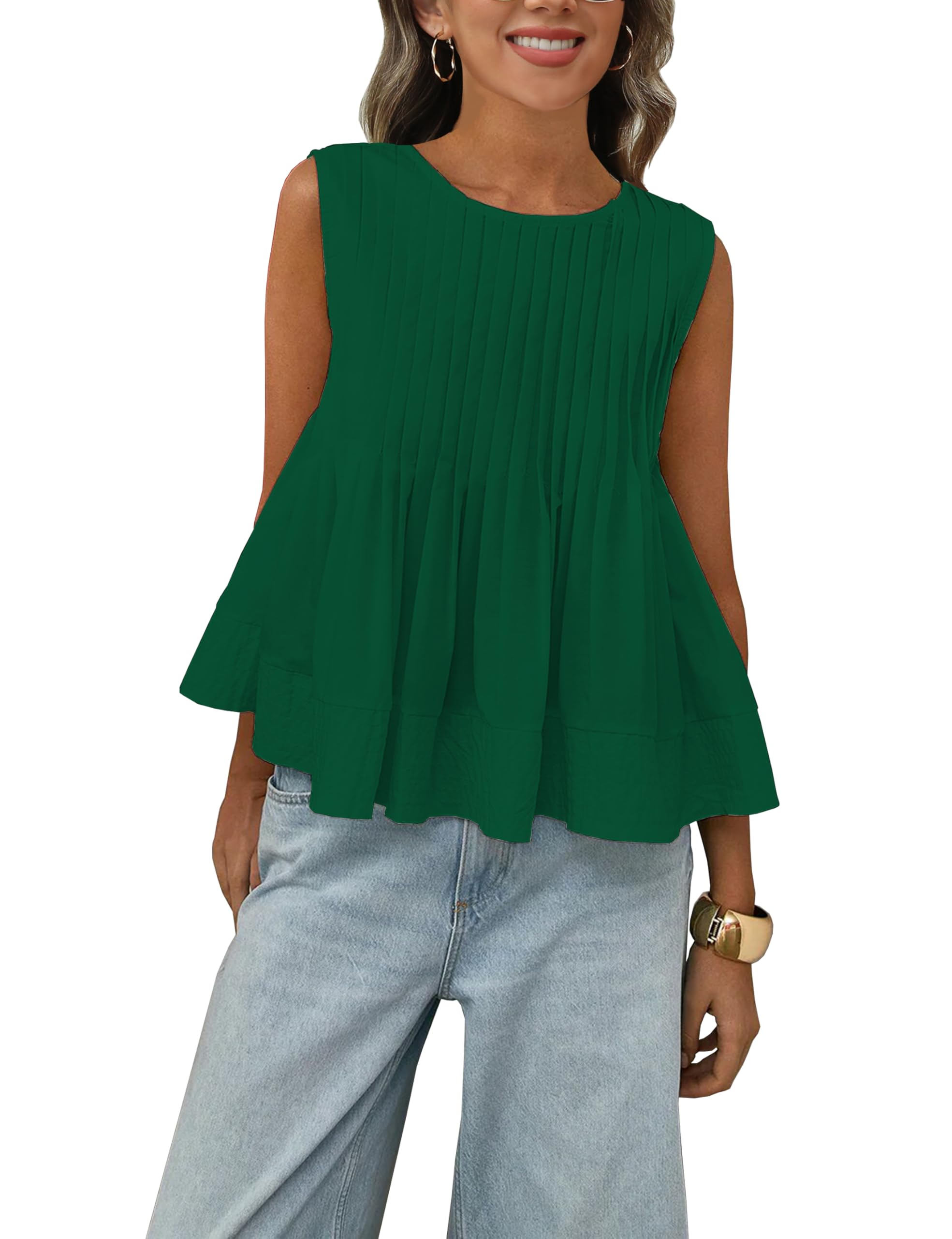 Megfie Womens Summer Pleated Peplum Sleeveless Blouse Tank Tops Round Neck Y2K Babydoll Blouse Shirt