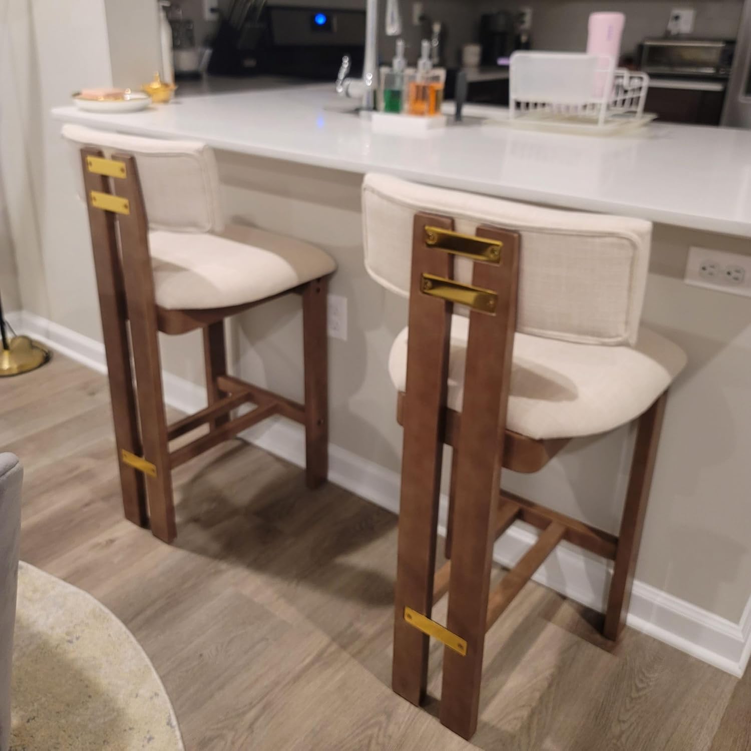 HNY 26’’ Tall Farmhouse Bar Stools Set of 4, Modern Counter Stools with Backs Beige Linen Upholstered Bar Height Chairs with Natural Hardwood Frame, Counter Height Wood Barstools for Kitchen Island