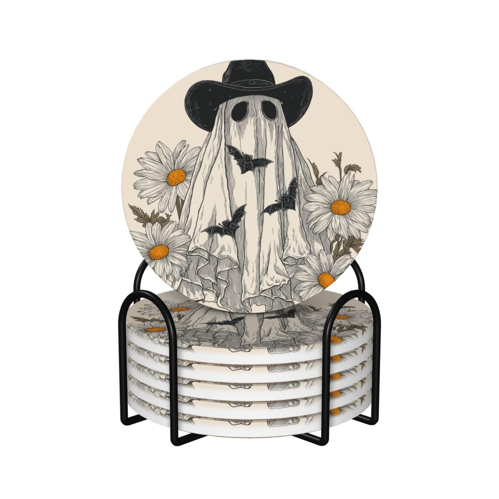 Vintage Ghost Black Cowboy Hat White Daisies Ceramic Coasters with Holder 6ps