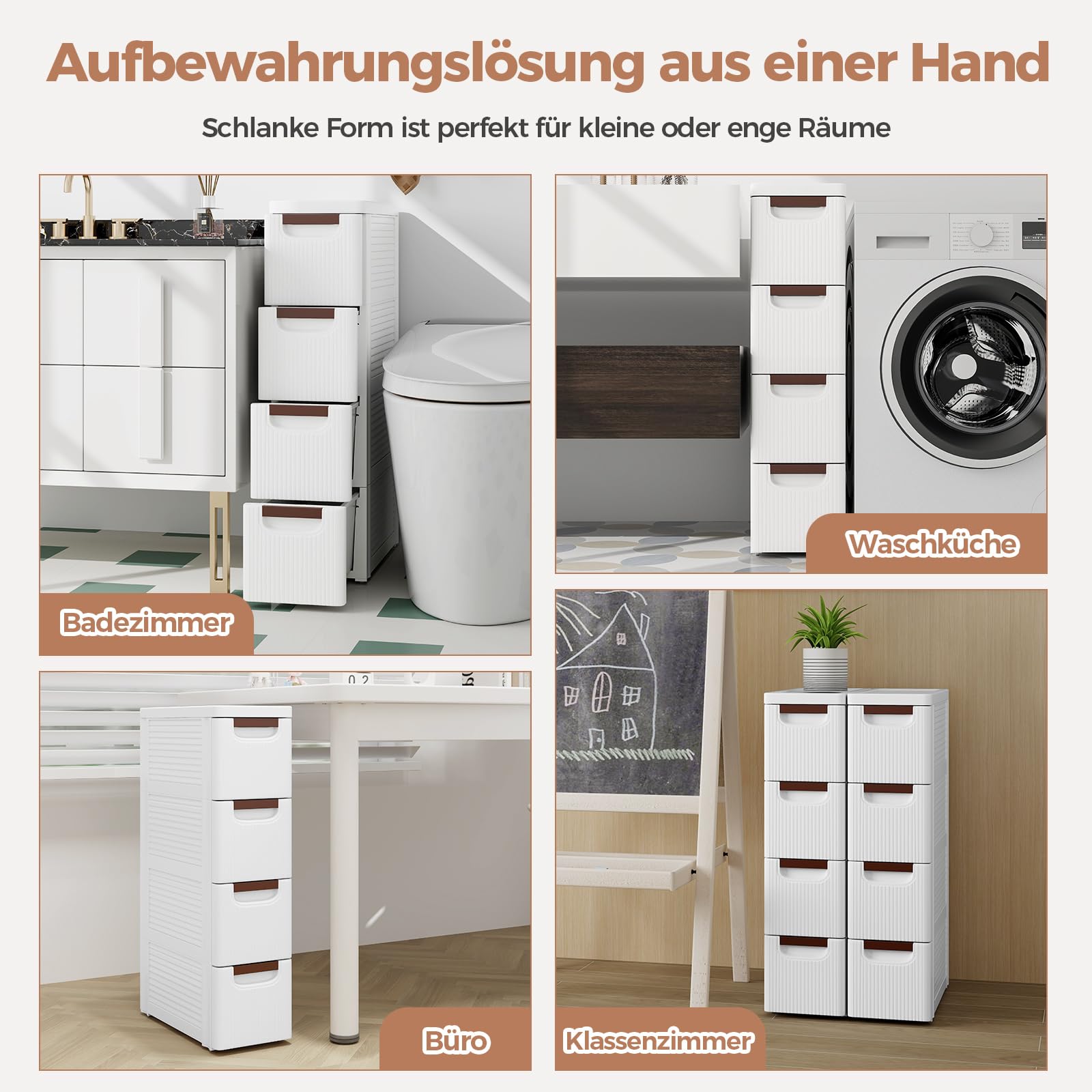 COSTWAY Nischenschrank schmal mit Rollen, Nischenregal 20cm breit, Nischenwagen mit 4 Schubladen, Badrollwagen für Bad, Klassenzimmer, Studio & Salon, Weiß, 42 x 19 x 74 cm