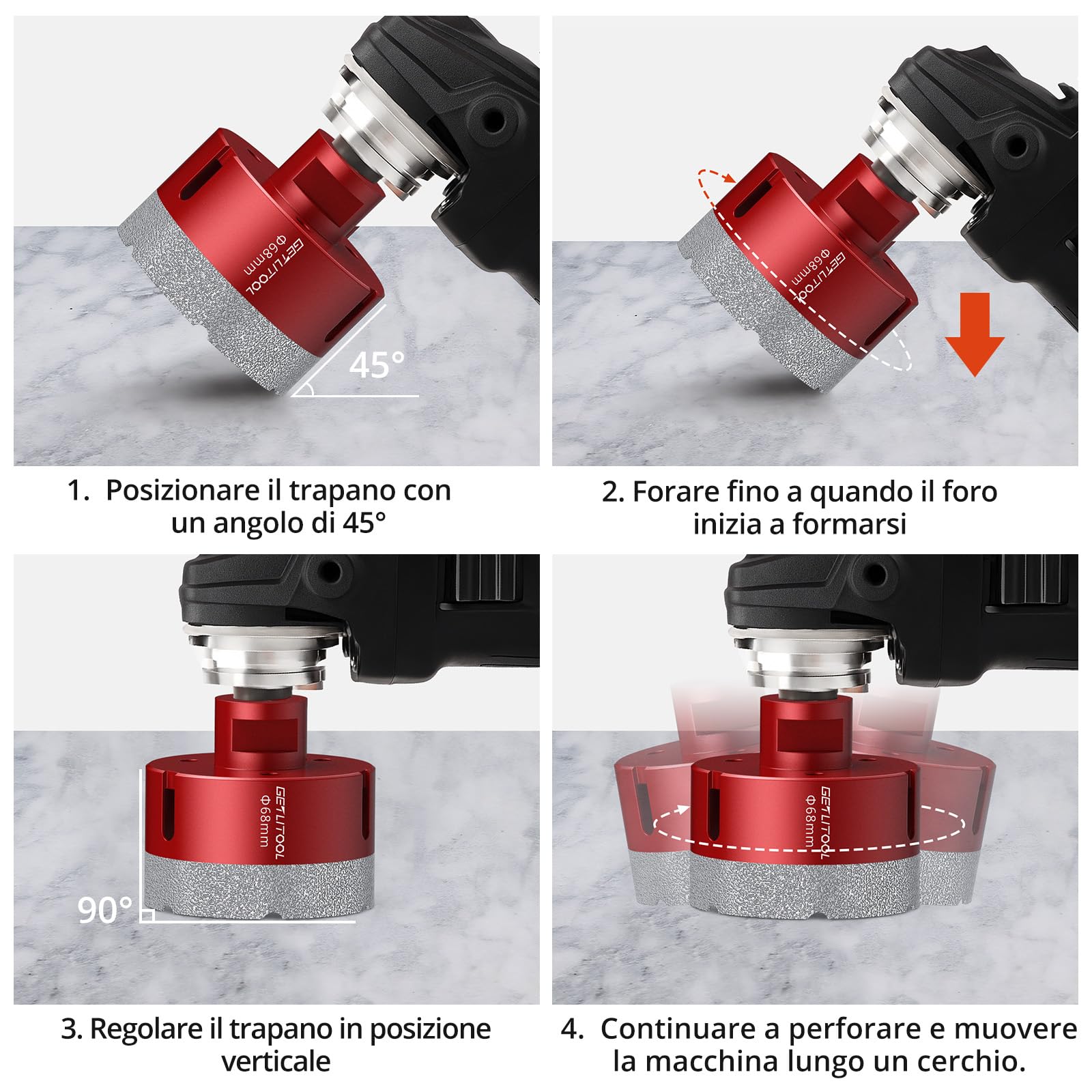 GETLITOOL Set Punte Diamantate 11 Pezzi per Smerigliatrice Angolare M14, Taglio Asciutto/Bagnato per Piastrelle, Marmo, Granito, con 9 Punte 6-68mm, 2 Dischi Diamantati 125mm e Valigetta in Alluminio