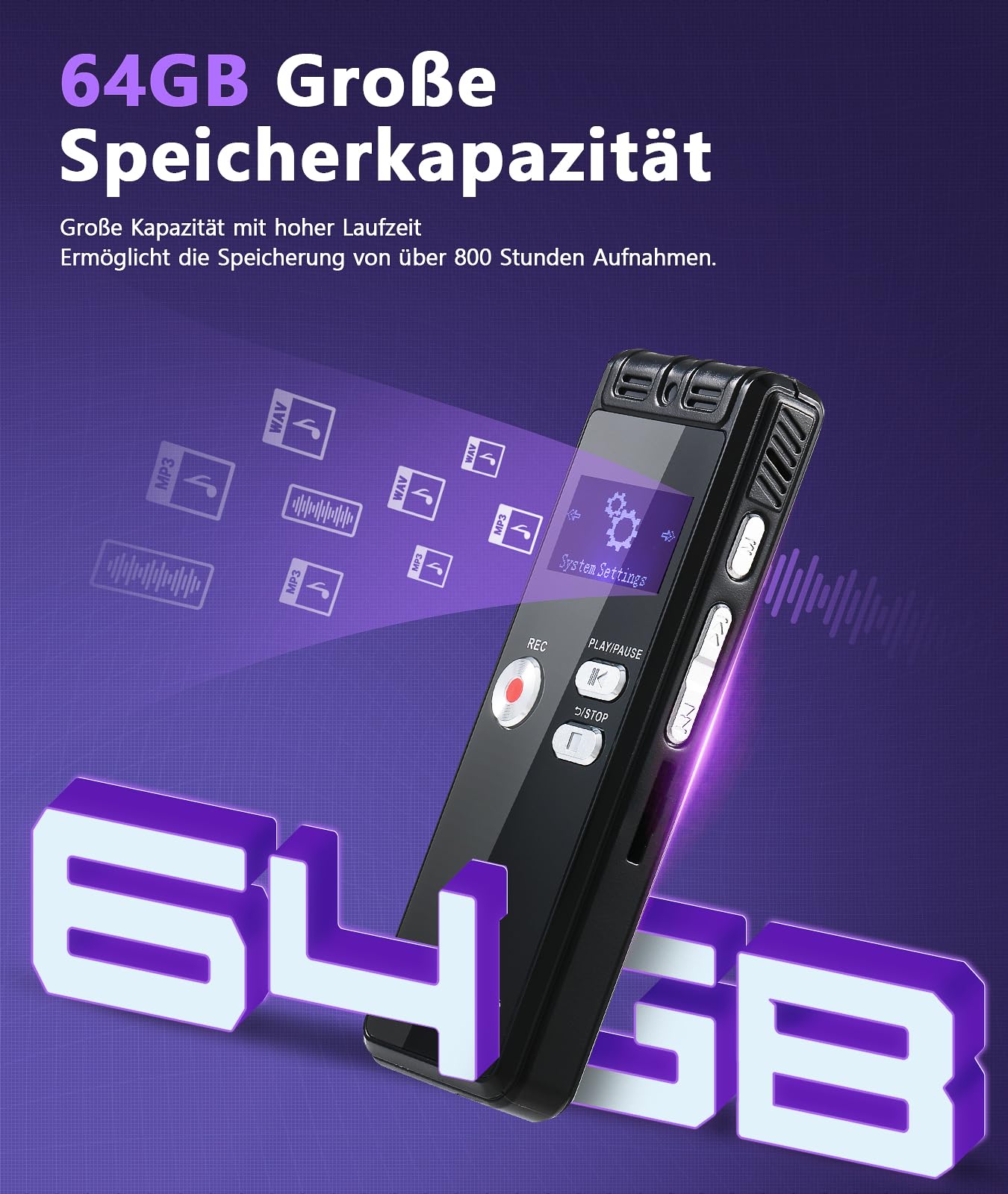 Grabadora de voz de 64 G con reproducción, grabadora de voz digital de 1536 kbps, interfaz tipo C, dispositivo de grabación One-Touch HD Dual MIC para conferencias, entrevistas, reuniones