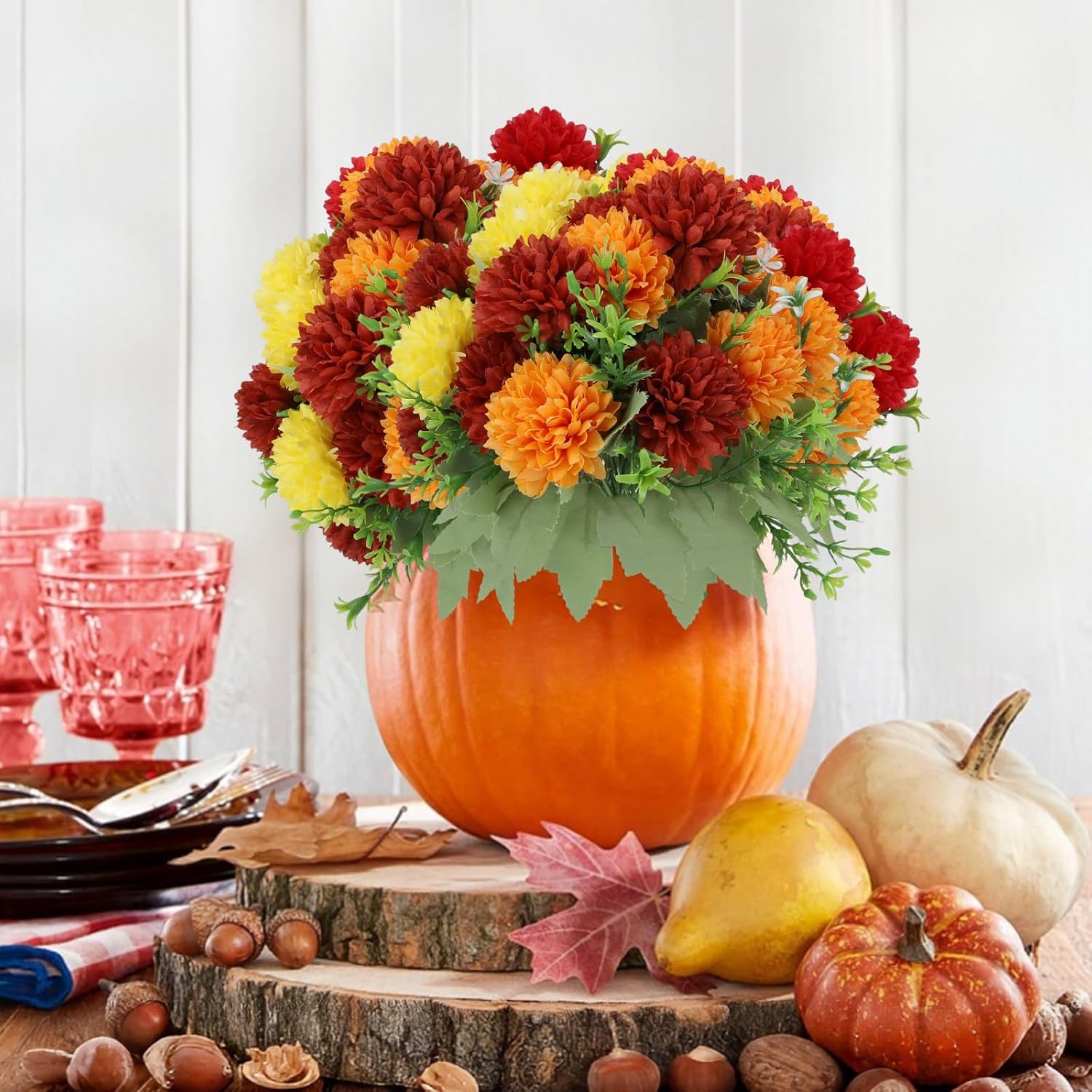 12 Pack with 84 Flower Heads Artificial Chrysanthemum Flowers, Fall Floral Decor for Indoor Outdoor, Porch, Patio, Front Yard, Planters