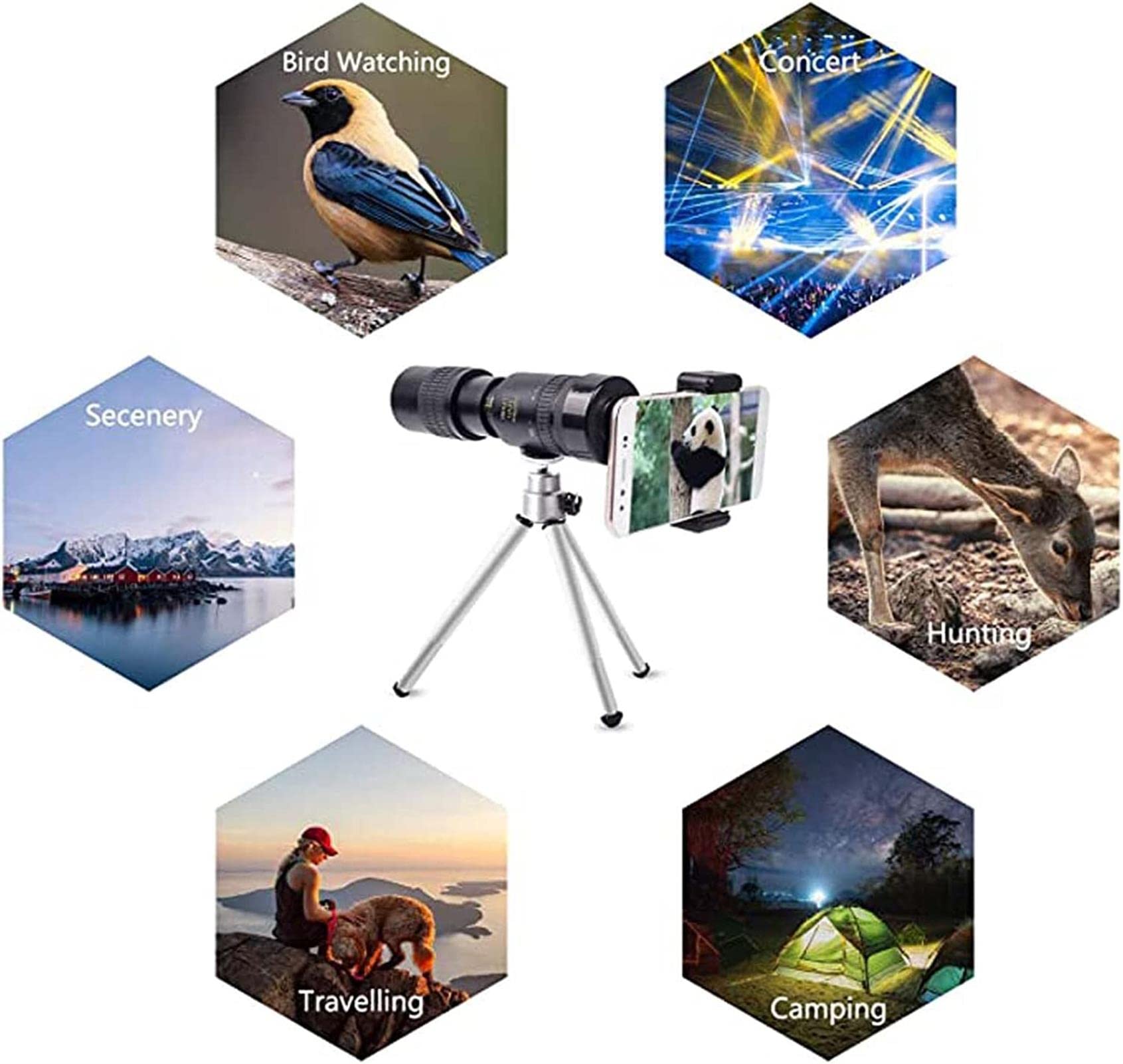 teleskop, Monokularowy teleskop 4K 10-300x40mm HD Zoom o dużej mocy z pryzmatem, uchwytem na smartfona i statywem