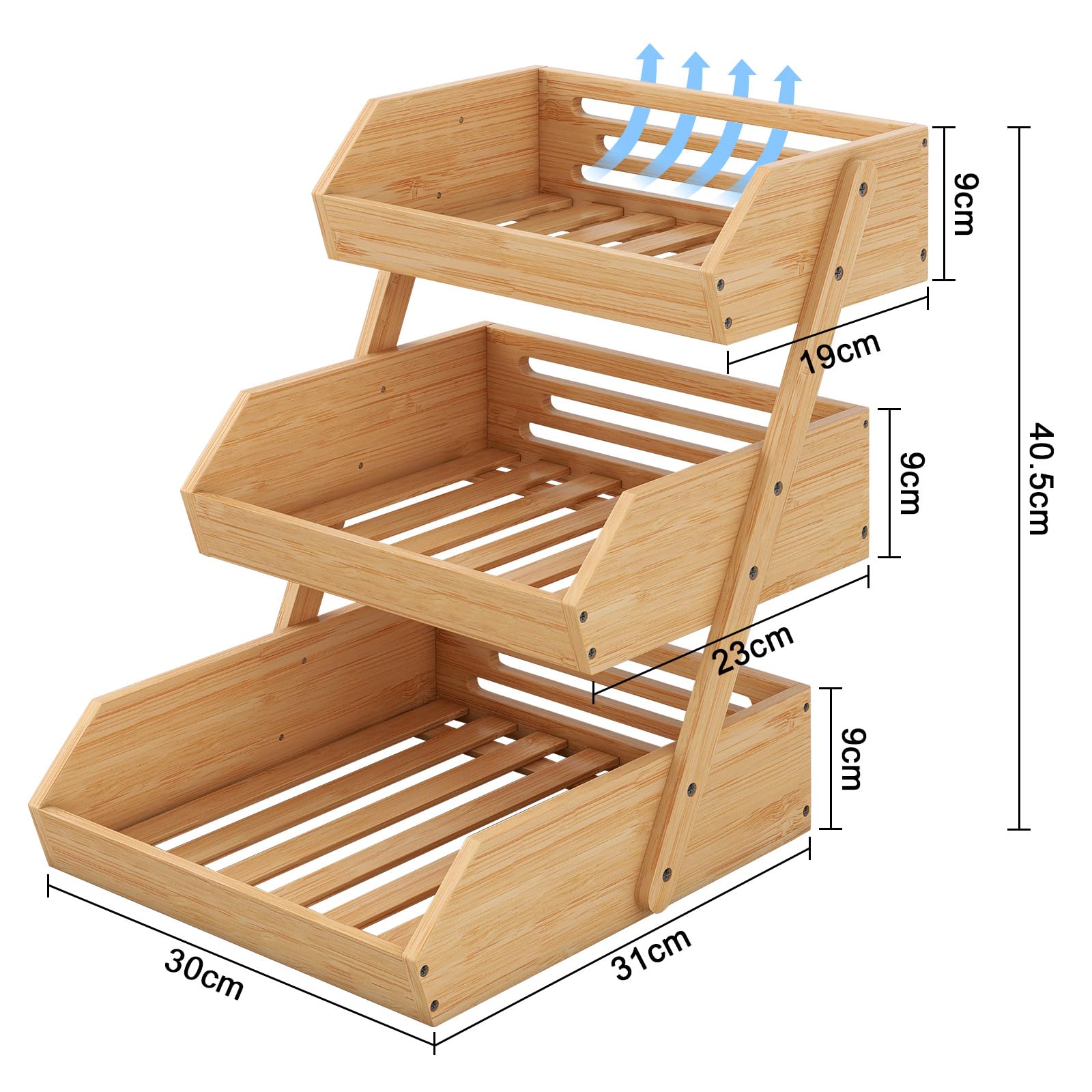 Étagère à fruits et légumes à 3 niveaux en bambou – Panier de rangement en bois pour plan de travail (fruits, légumes, pain et collations) – Support d'organisation pour (3 niveaux)