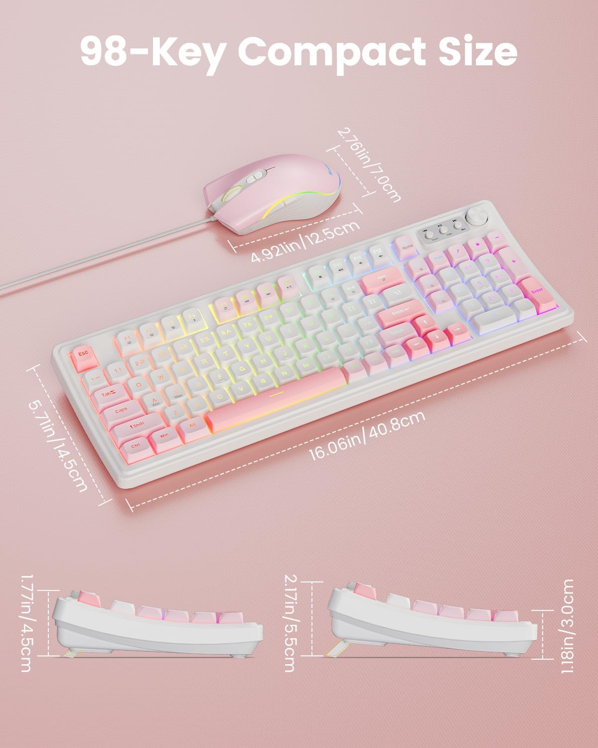SABLUTE Wired Gaming Keyboard and Mouse, RGB Backlit Mechanical Feel Keyboard with Multimedia Knob & Anti-Ghosting Ergonomic Premium Leather Wrist Rest (Pink)