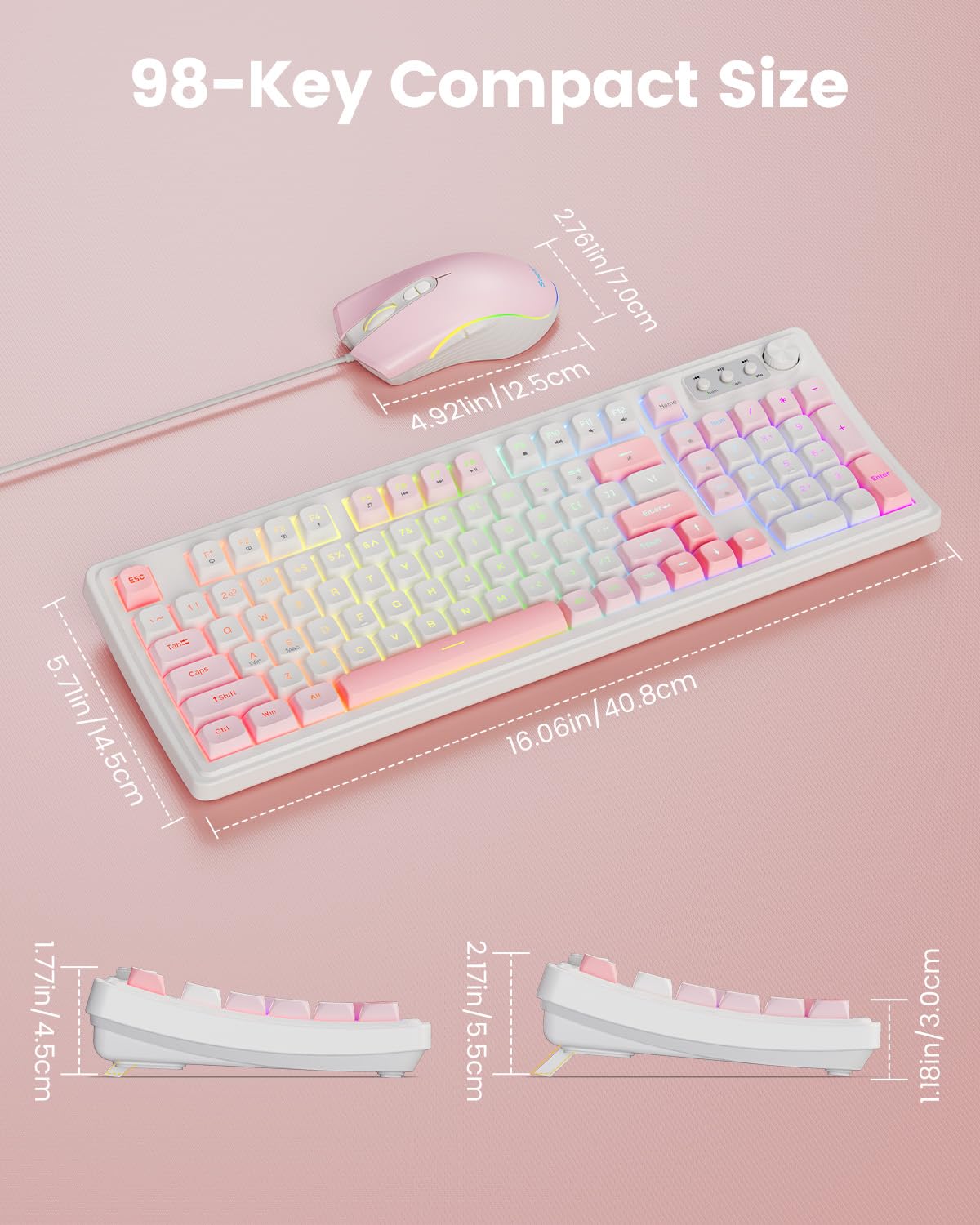 SABLUTE Tastiera e mouse da gioco con cavo, tastiera e mouse meccanici retroilluminati RGB, manopola multimediale e poggiapolsi ergonomico anti-ghosting in pelle premium per gioco (rosa)