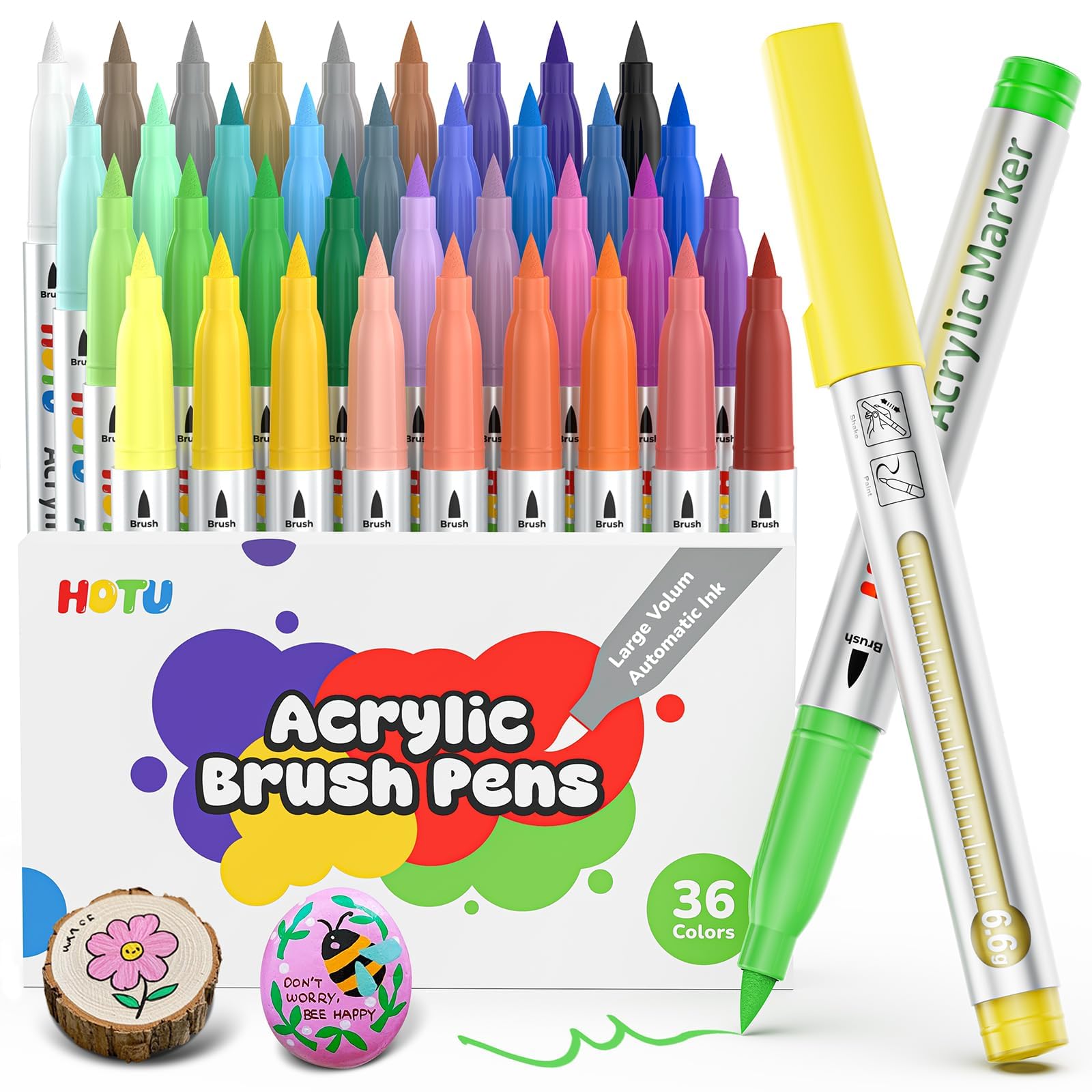 HOTU Pennarelli acrilici 36 colori per vetro, carta, tessuto, legno e libri da colorare - Pennarelli a grande capacità (6,6 g ciascuno) - Kit di forniture per arte e fai da te - Ottima idea regalo
