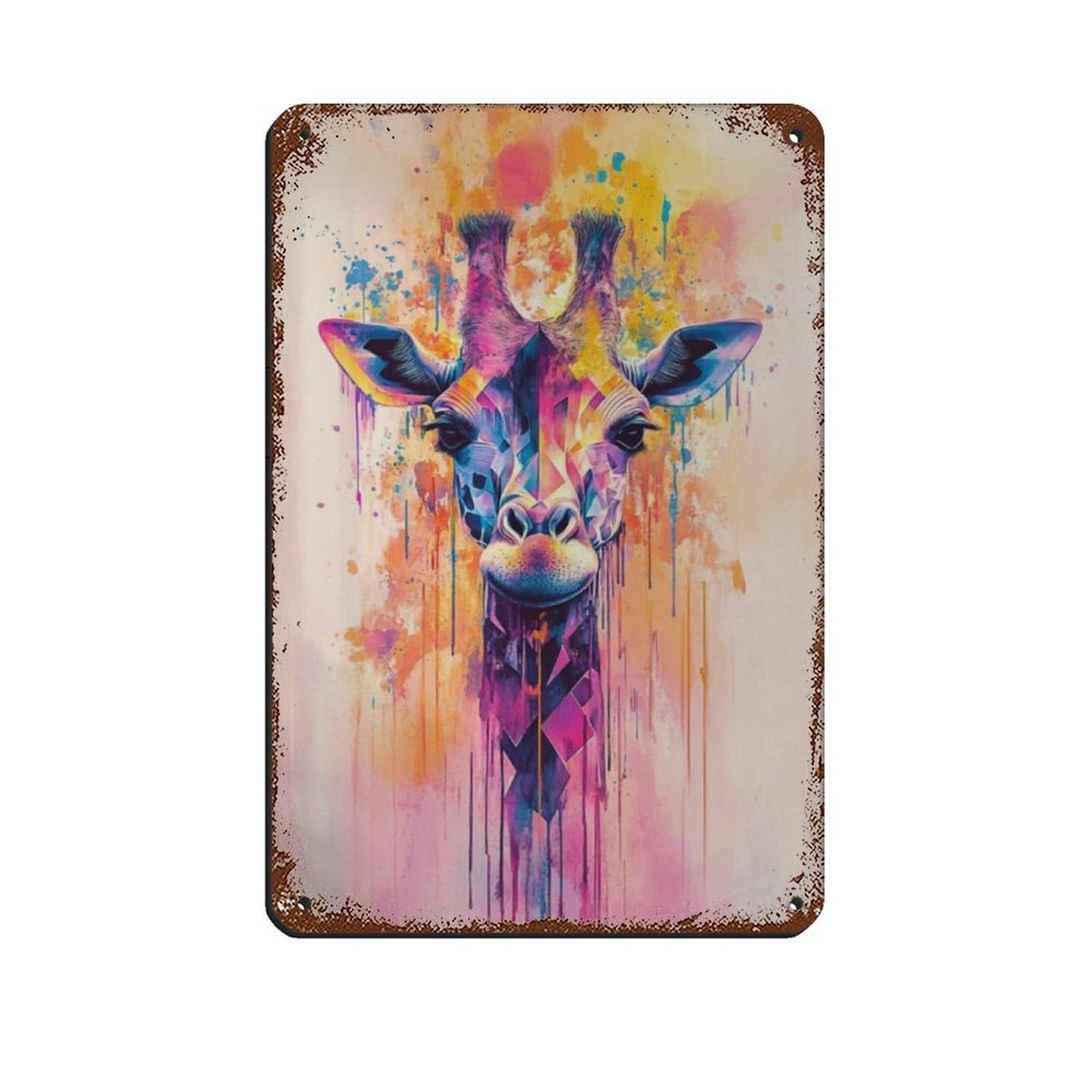 Lxwnze 20L X 30W Cm Vibrant Giraffe Colorful Animal Tin Sign Vintage Metal Pub Club Cafe Bar Home Wall Art Decoration Poster Retro 8X12inch(20X30cm)