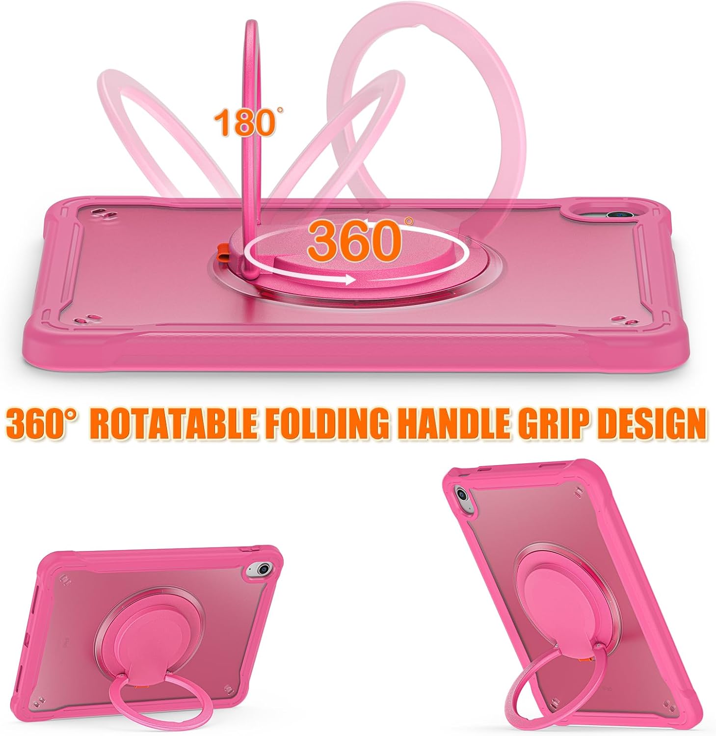 Case for iPad 10, iPad 10th Generation 2022 10.9 inch case 360° Ring Stand with Shoulder Strap Pen Holder Translucent Hard PC Back Cover (iPad 10（2022）, Rose)