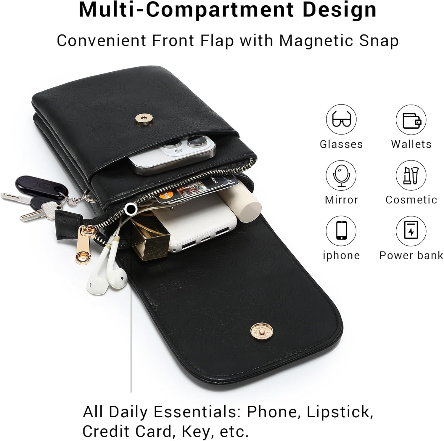 VONMAY Vegan Leather Small Crossbody Bags for Women, 3 Compartment Cell Phone Wallet Purses with Adjustable Guitar Strap | Vegan Leather, Small, 3 Compartment