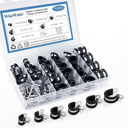 WiseWater Kit surtido de 72 abrazaderas para cables, abrazaderas de tubo acolchadas de goma de acero inoxidable 304, 14 pulgadas, 516 pulgadas, 38