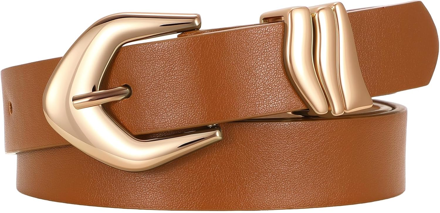 SUOSDEY Women Leather Belt Fashion Skinny Faux Leather Waist Belt for Jeans Pants Dress with Gold Buckle, 0.9″ Width
