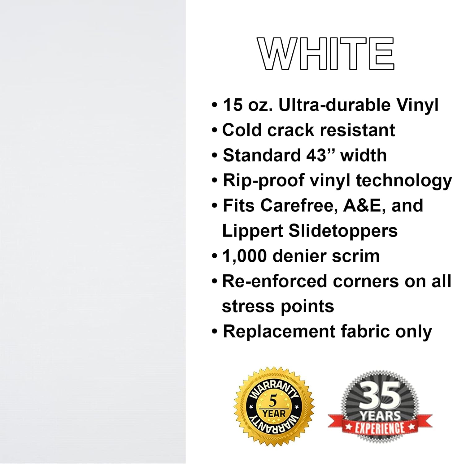 The ShadePro RV Slideout Topper - 93" and Under Trim to Fit Slide Out Awning Fabric Replacement for RVs and Campers - Ultra-Durable Vinyl Fabric (White)