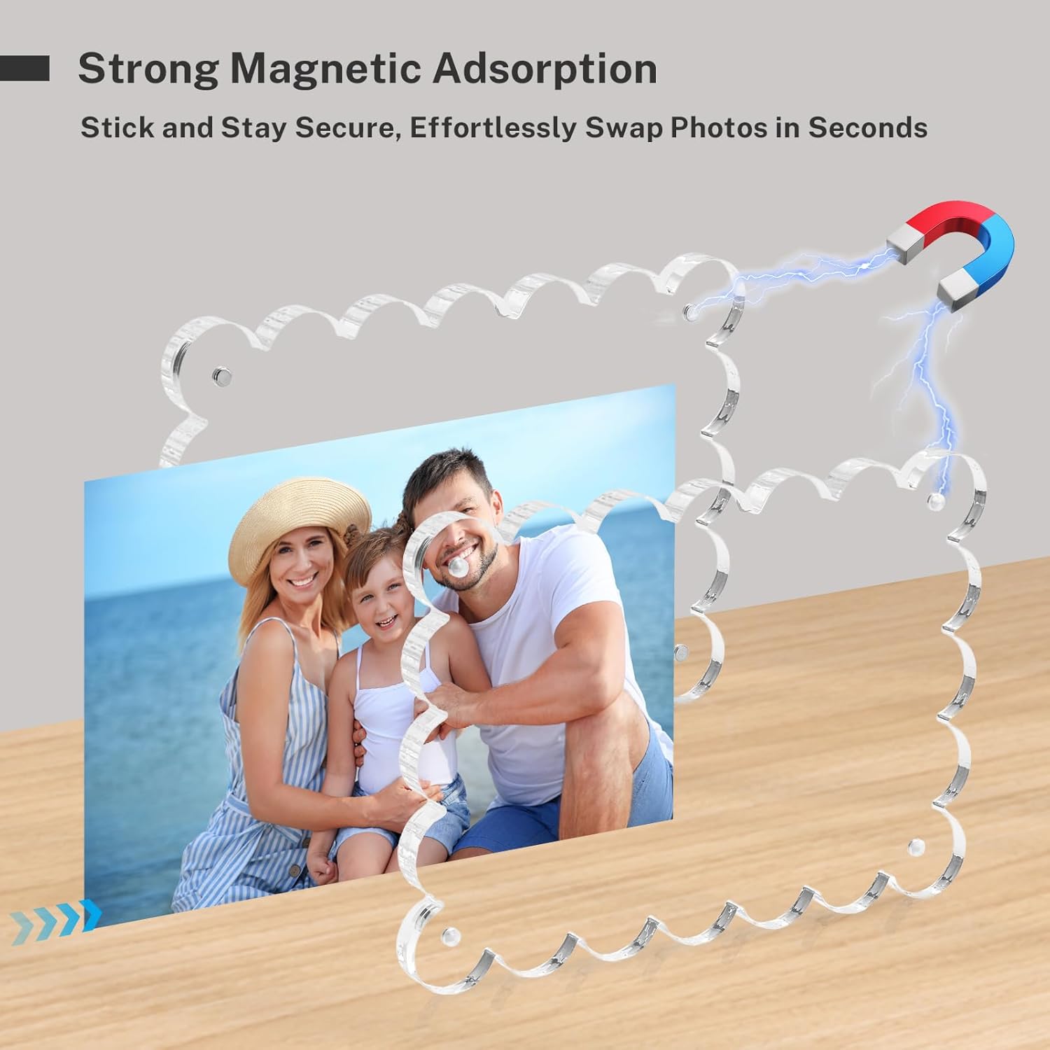 HOUSE DAY Acrylic Picture Frames 5x7 Acrylic Frame, 3 Pack Scalloped Magnetic 5x7 Picture Frame, Double Sided Clear 5 x 7 Photo Frame, Frameless FreeStanding 5 x 7 Picture Frames Gift for Desktop Display - Image 6