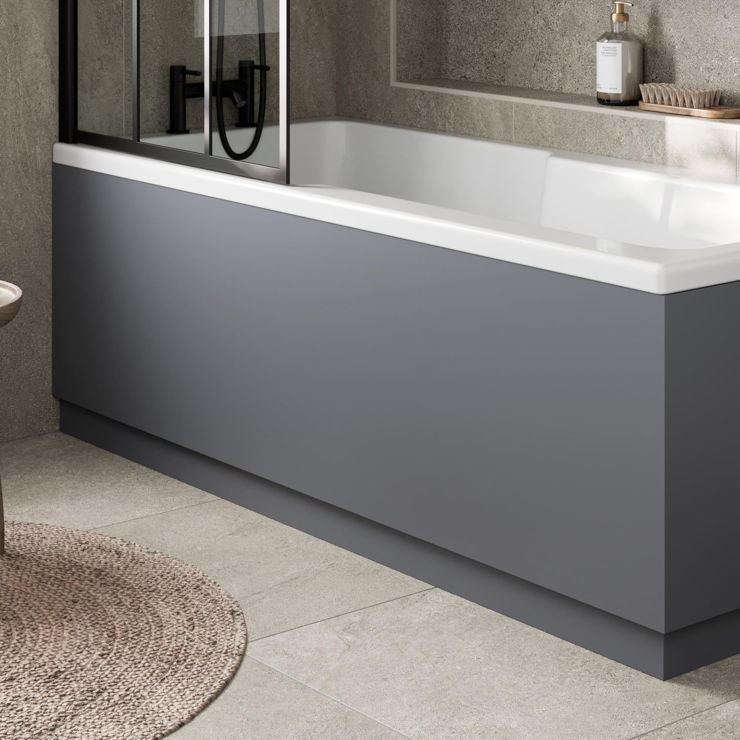 Baystone Modern 1800mm Front Side MDF Bath Panel 18mm Wooden Panels for Bathroom Baths Soaking Tubs, Adjustable Plinth, Easy to Cut, Grey Gloss