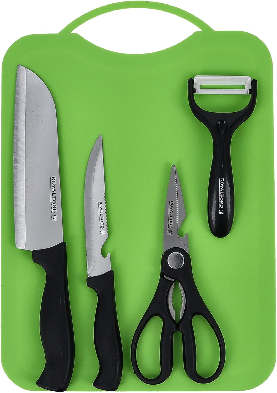 RoyalFord 5 Pcs Kitchen Gadget Set, Stainless Steel & Pp, RF10677 Includes 2 Knife Set, A Peeler, A Scissor And Cutting All In 1 Kitchen Set, Multicolor