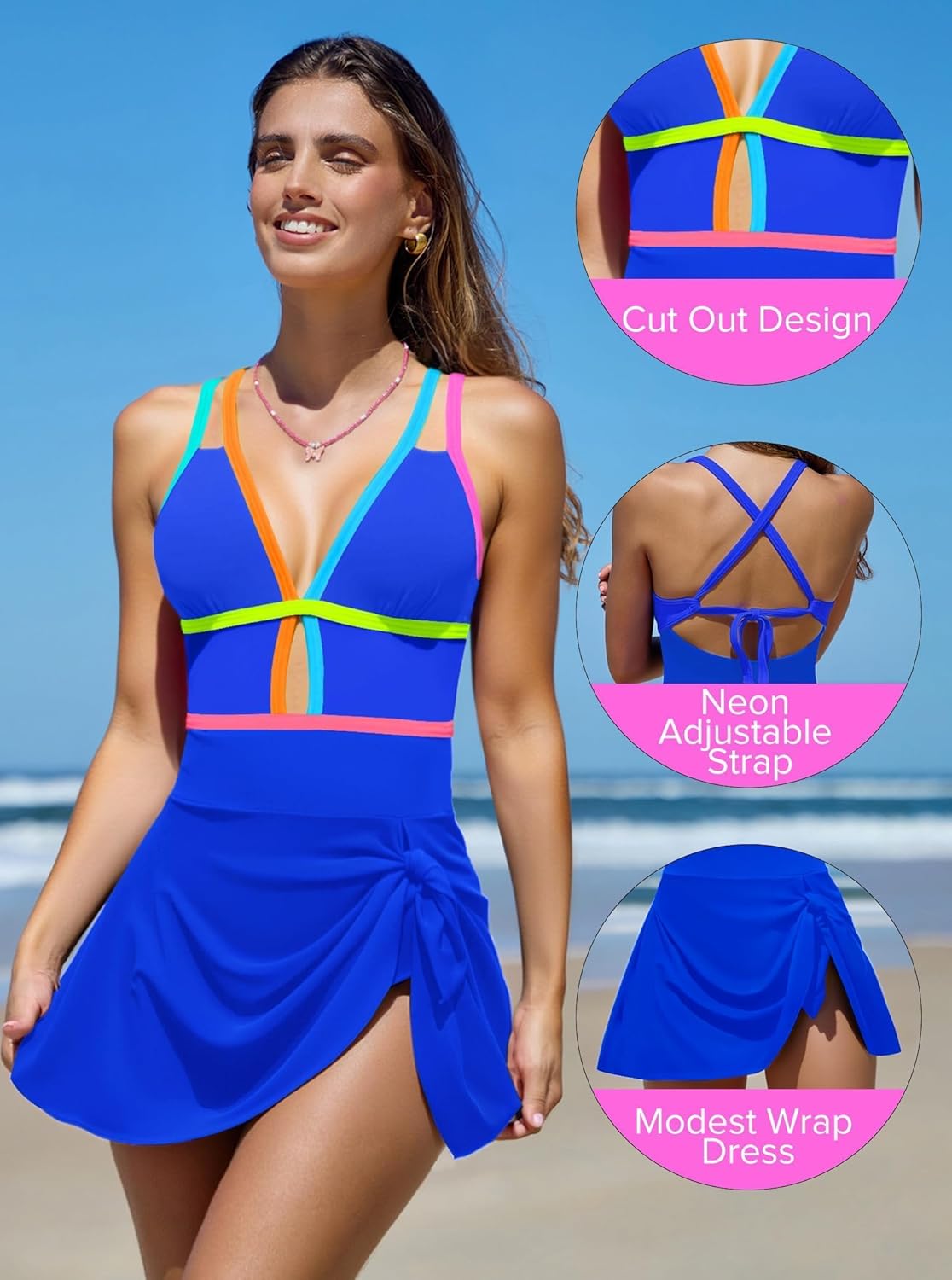 popvil Womens One Piece Swimsuit 2026 Swim Dress Tummy Control Sexy Bathing Suit Neon Swmming Suit - Image 4