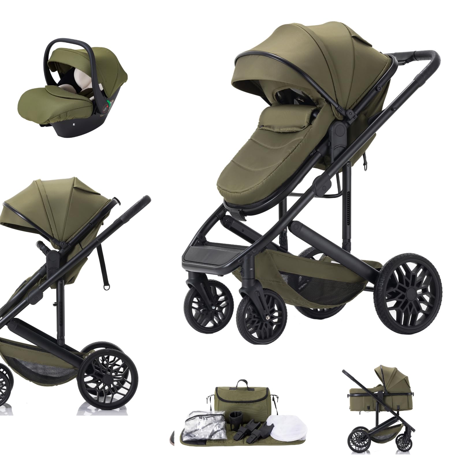Zkiprm 3 in 1 Baby Pram, One-Touch Folding Travel System，Reversible Stroller