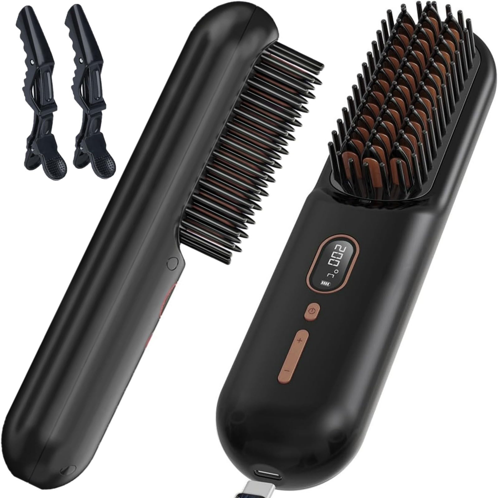 Cepillo Alisador pelo Inalámbrico, Alisador de Barba, Mini Cepillo Alisador Portátil para Viajes, 11 Temperatura Regulable, 120-230 °C, Peine Alisador de Pelo con Iones Negativos, Recarga USB