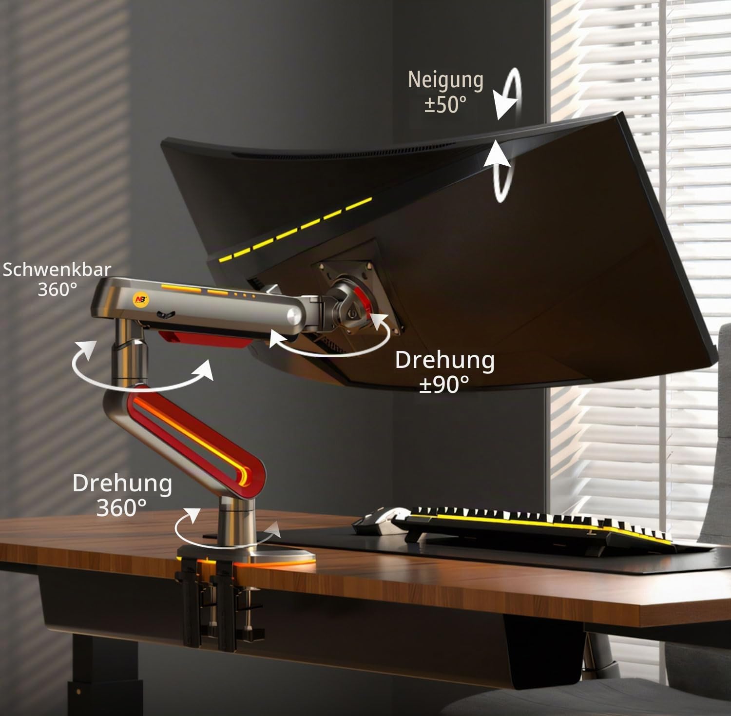 NB Ergonomic Monitorarm for Ultrawide Bildschirme bis zu 60 Zoll, Gaming Monitor Halterung Arms Last bis zu 20 kg, C-Clamp & Grommet Installation VESA 75/100 mm (Rot)