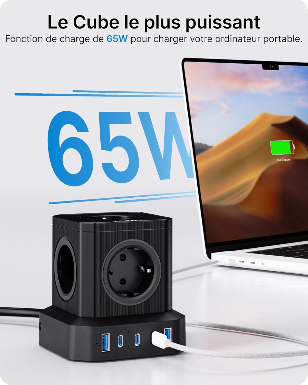 VOOMY Power Strip Cube highlighting 65W charging capability for laptops