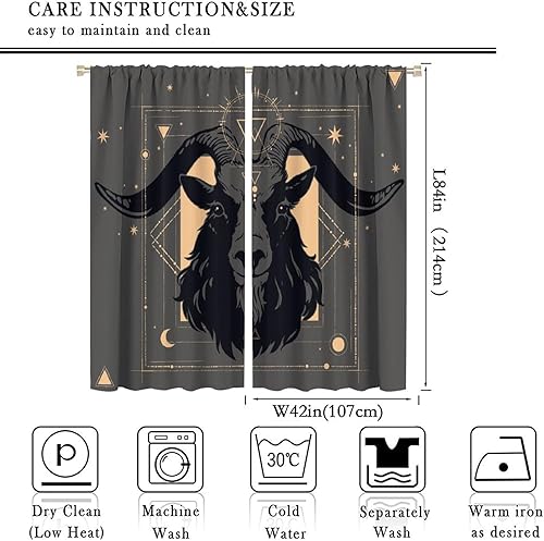 Vista 194 de Cortinas de cabeza de cabra, misteriosa cabeza de cabra malvada, calavera negra, bolsillo para barra, cortinas opacas para ventana, juego de 2