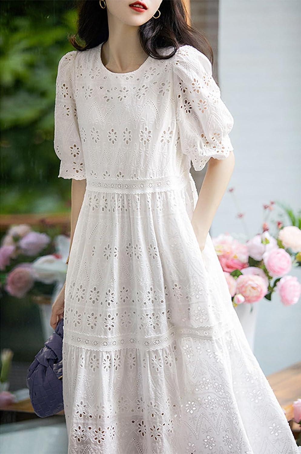 chouyatou Women's Summer Puff Sleeve Midi Long Floral Eyelet Dress Embroidery Flowy Swing Party Dress - Image 4
