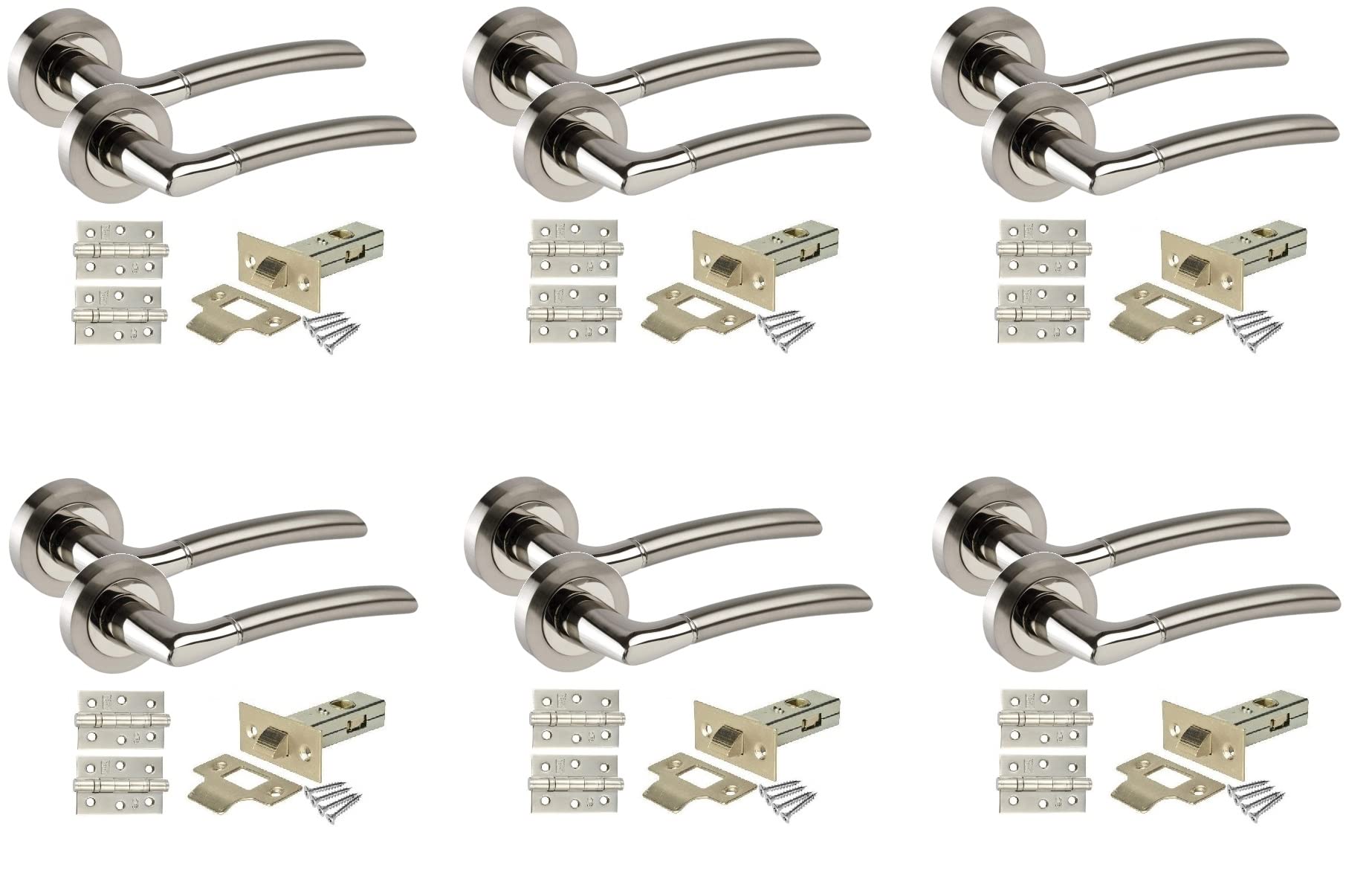 Golden Grace Duo Chrome Indiana Door Handle Set - 6 Pack - Modern Style - Silver Finish