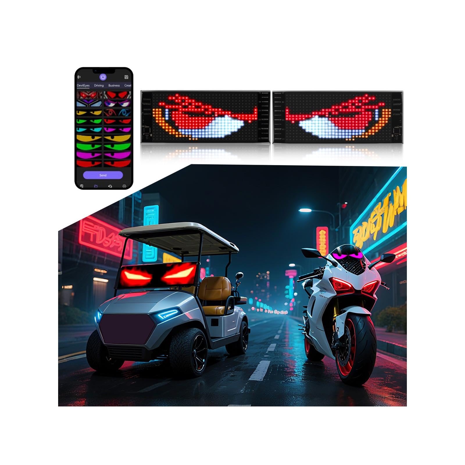 Multifunctional Bright 2PCS Devil Eyes Car Motorcycle/Golf Cart Windshield - 7in x 3in [ 2026 Tech Two Screen Synchronization Chips ] Flexible Programmable LED Eyes for Car